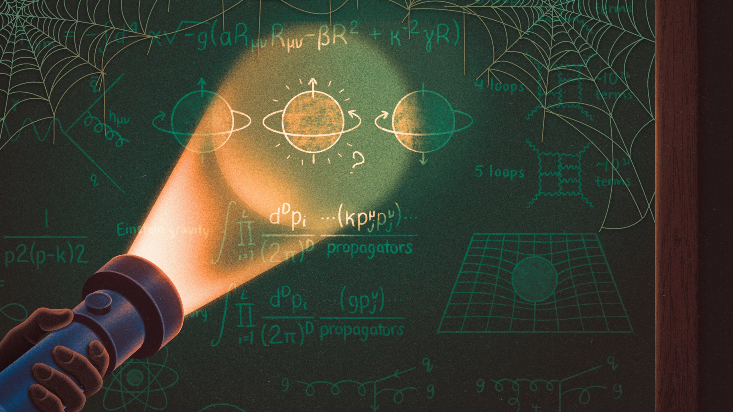 An illustration of a flashlight shining on a chalkboard covered in sketches and equations, including an illustration of a particle with a question mark next to it.