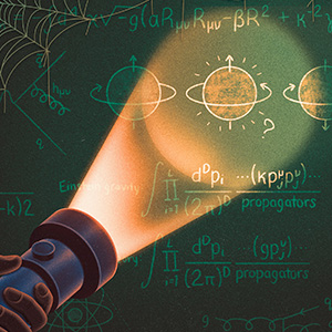 An illustration of a flashlight shining on a chalkboard covered in sketches and equations, including an illustration of a particle with a question mark next to it.
