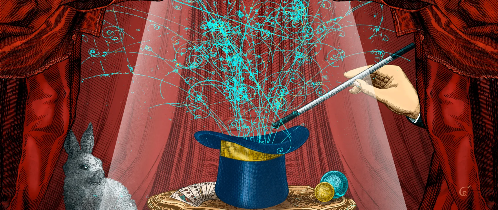 Illustration of particle tracks like those that emerge from a collision at the Large Hadron Collider, but in this case they’re coming out of a magician’s top hat.