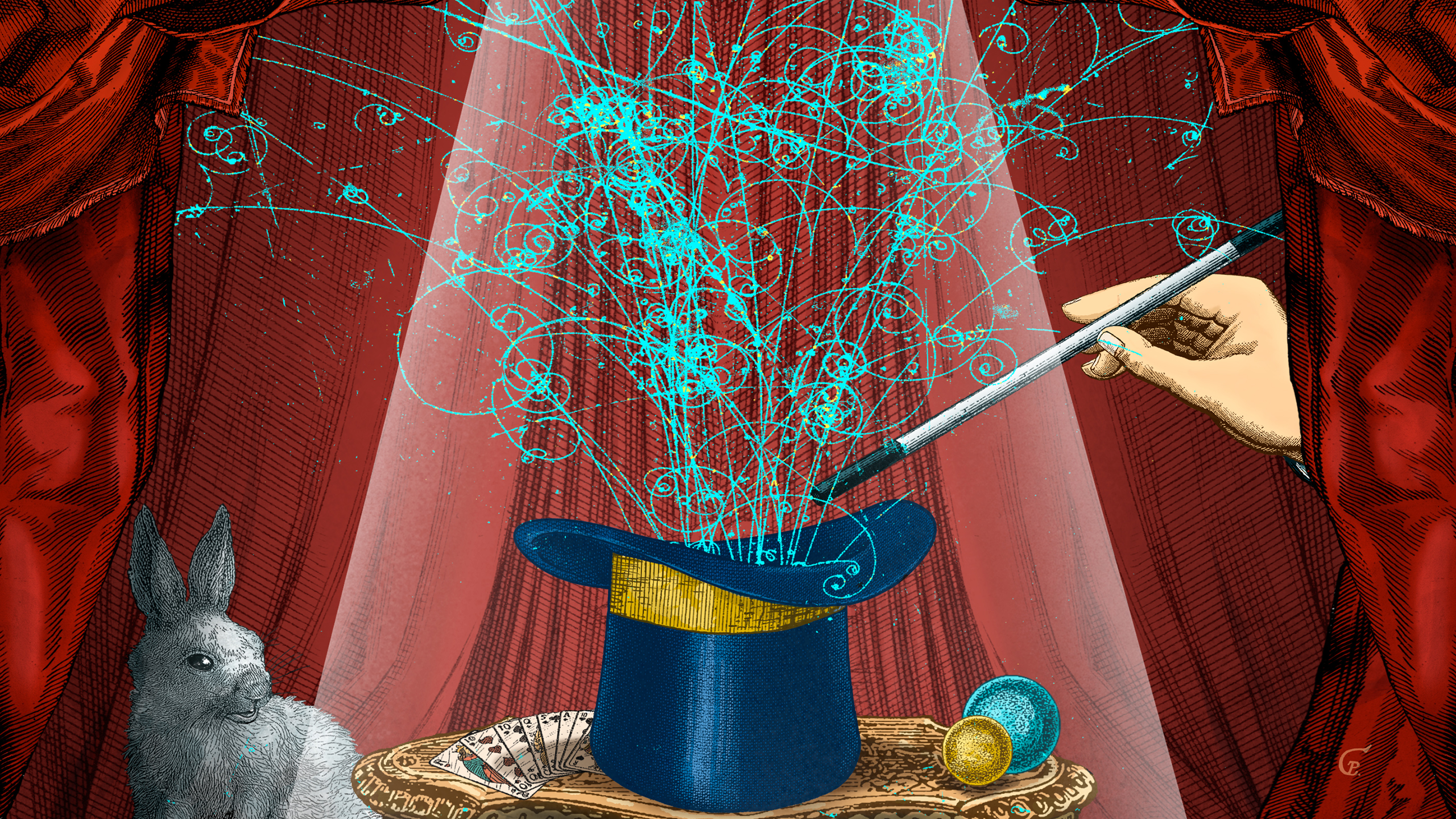 : Illustration of particle tracks like those that emerge from a collision at the Large Hadron Collider, but in this case they’re coming out of a magician’s top hat.
