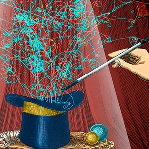 Illustration of particle tracks like those that emerge from a collision at the Large Hadron Collider, but in this case they’re coming out of a magician’s top hat.