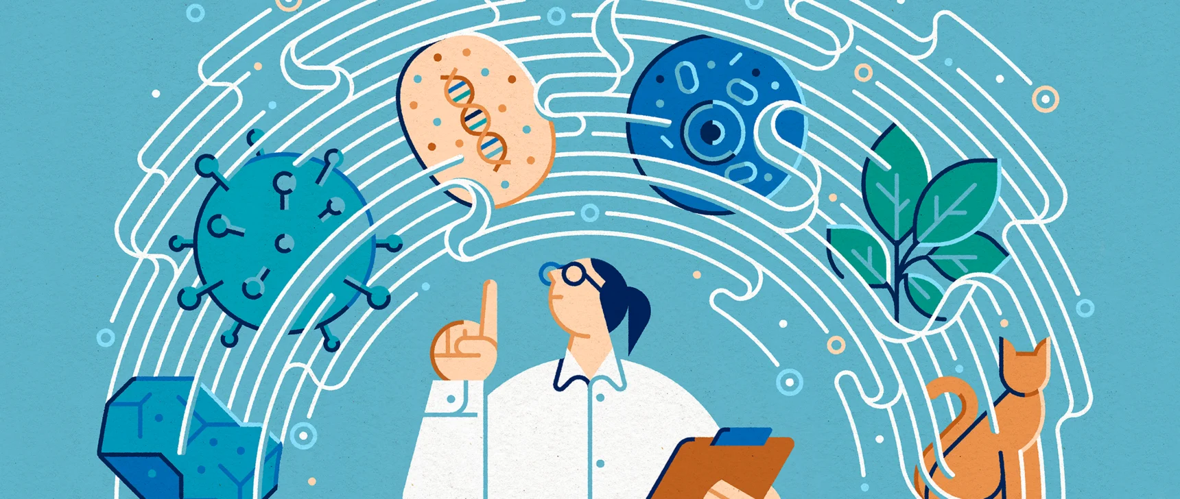 An illustration shows a scientist standing beneath a spectrum of life — including a rock (not alive), virus, cell and cat.