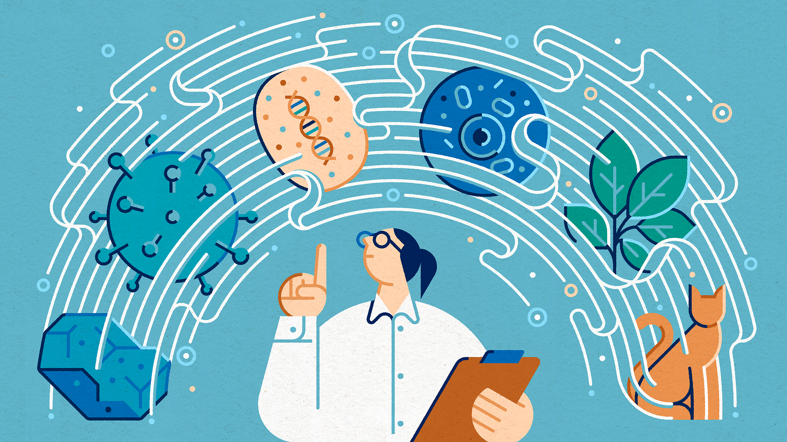 An illustration shows a scientist standing beneath a spectrum of life — including a rock (not alive), virus, cell and cat.