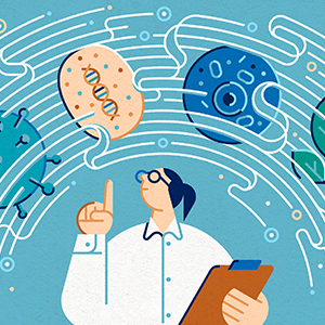 An illustration shows a scientist standing beneath a spectrum of life — including a rock (not alive), virus, cell and cat.