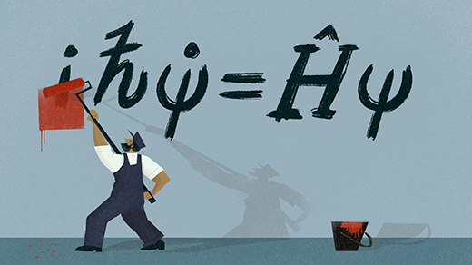 An illustration in which a painter is rolling red paint over the “i” in the Schrödinger equation.