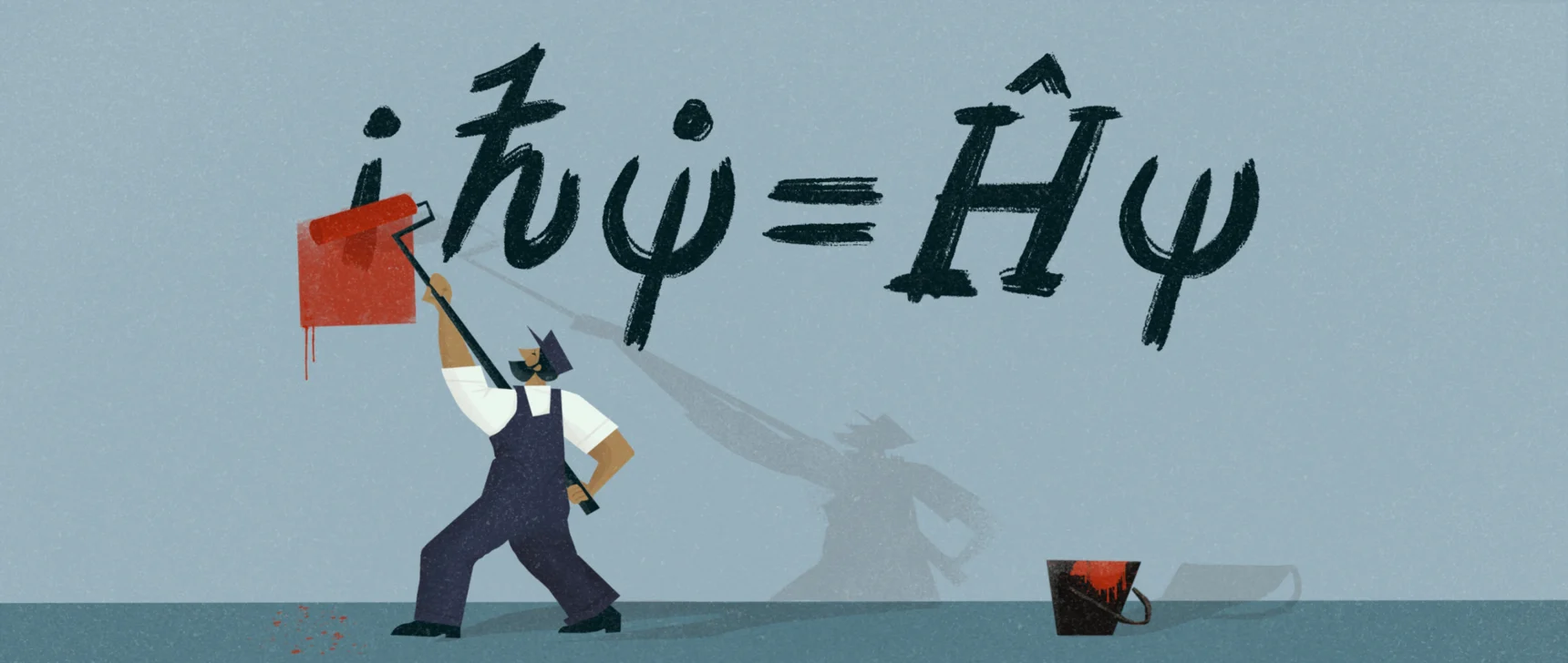 An illustration in which a painter is rolling red paint over the “i” in the Schrödinger equation.