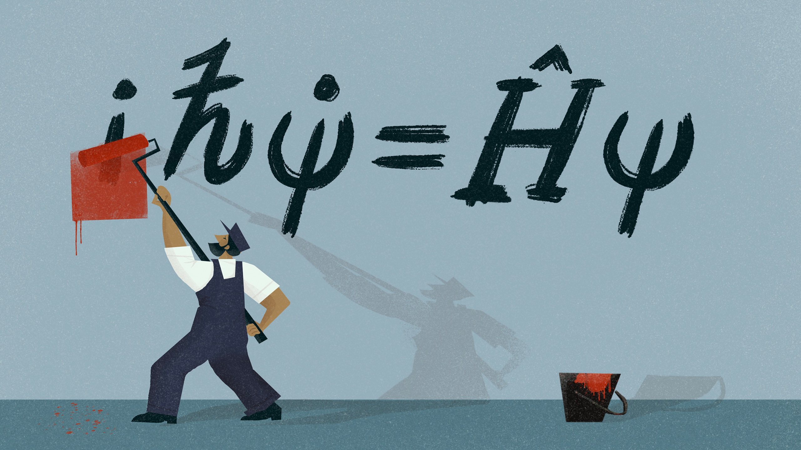 An illustration in which a painter is rolling red paint over the “i” in the Schrödinger equation.