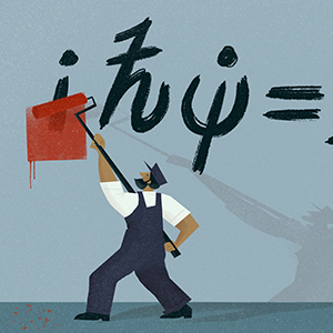 An illustration in which a painter is rolling red paint over the “i” in the Schrödinger equation.