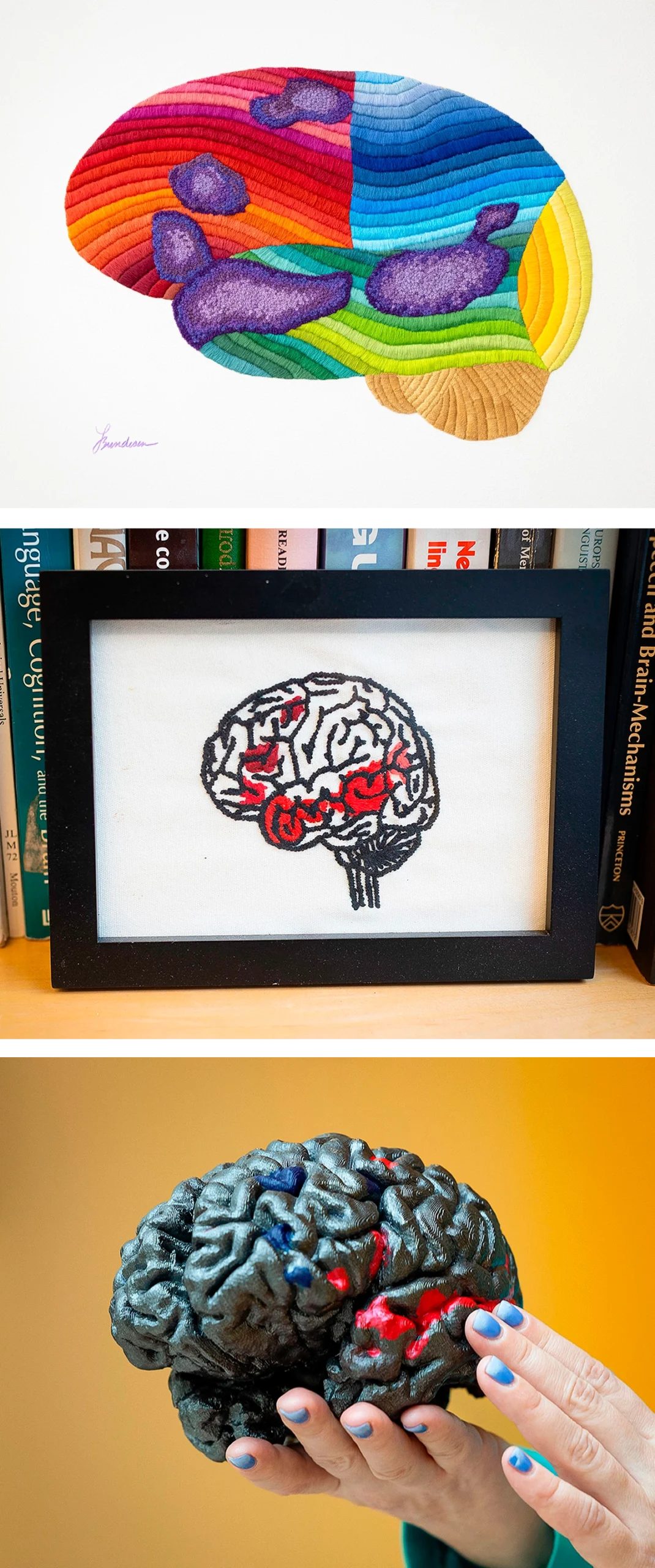 Three artworks show the language network. It forms a roughly crescent shape that starts in the top center of the brain and scoops down to run horizontally along the bottom.