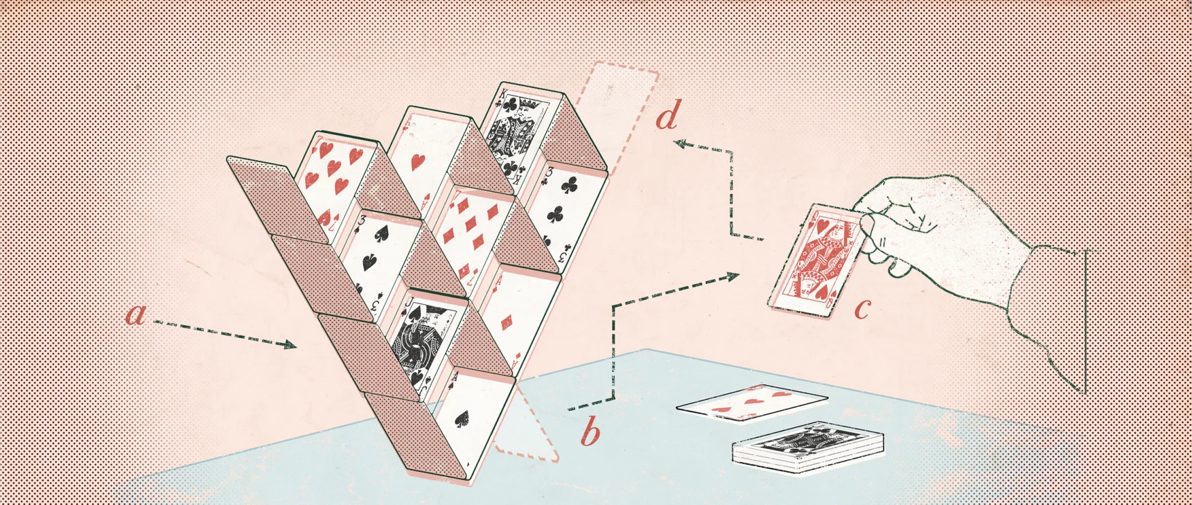 An inverse pyramid built out of playing cards.