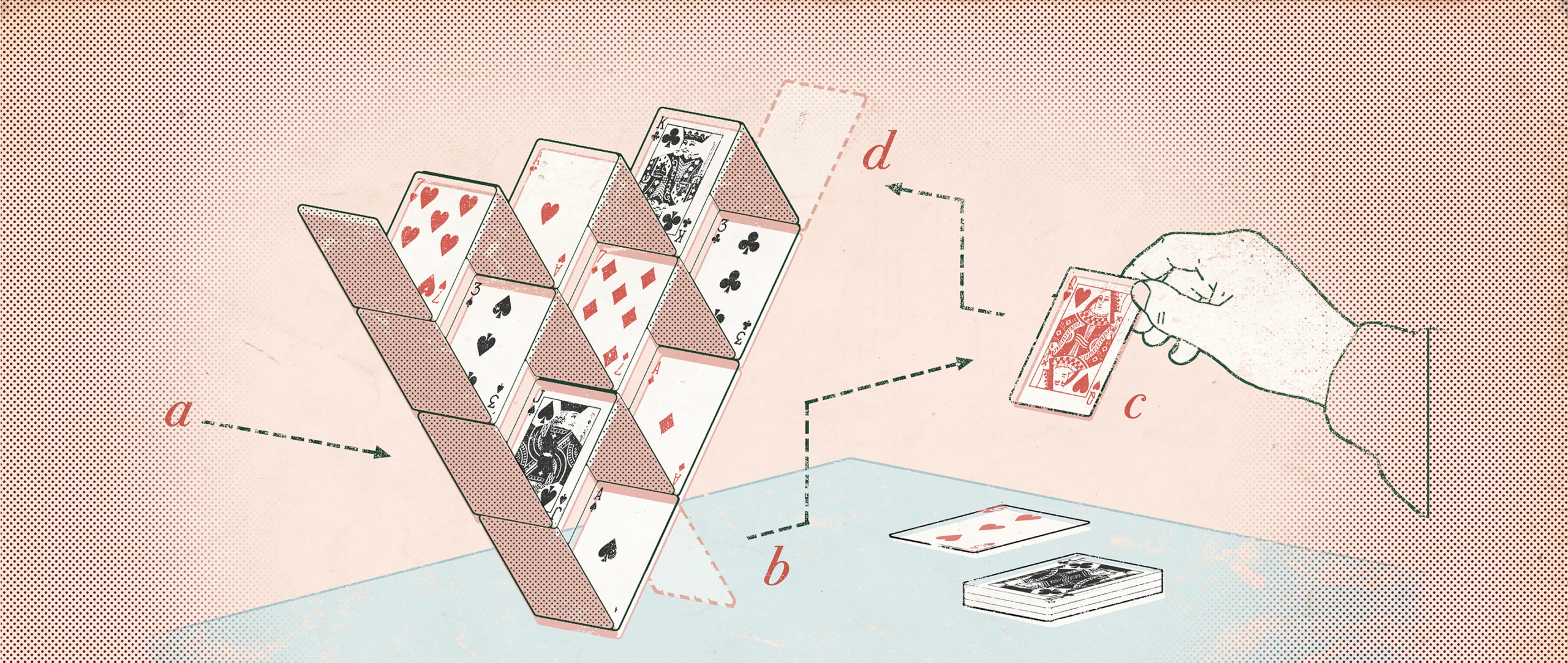 An inverse pyramid built out of playing cards.