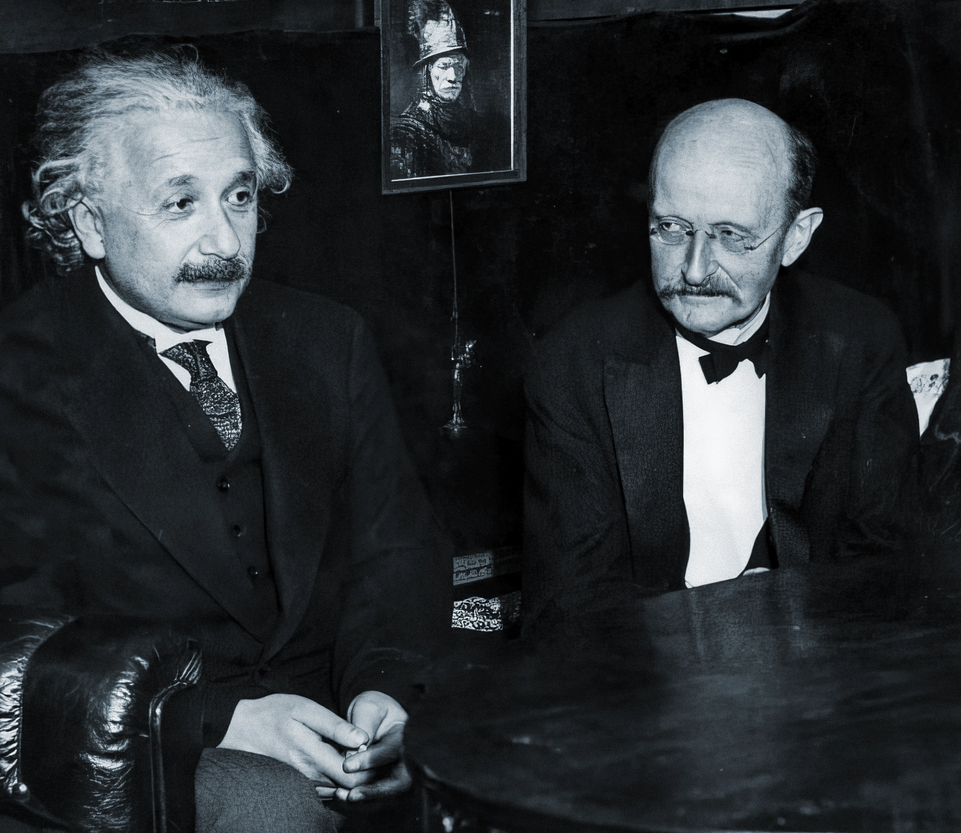 Black and white photo of Albert Einstein and Max Planck