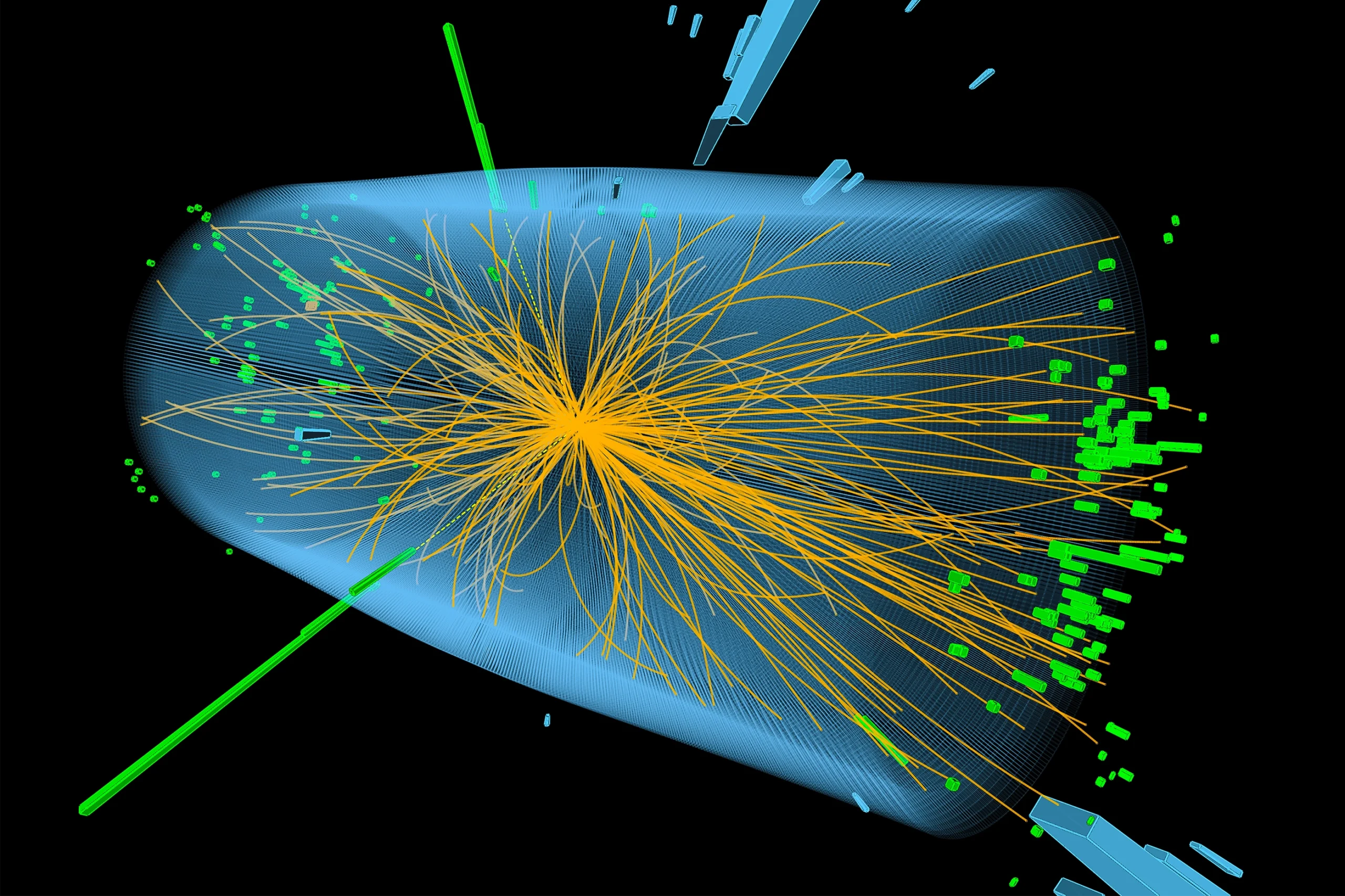 A computer depiction of a particle collision showing yellow and green particle scattering.