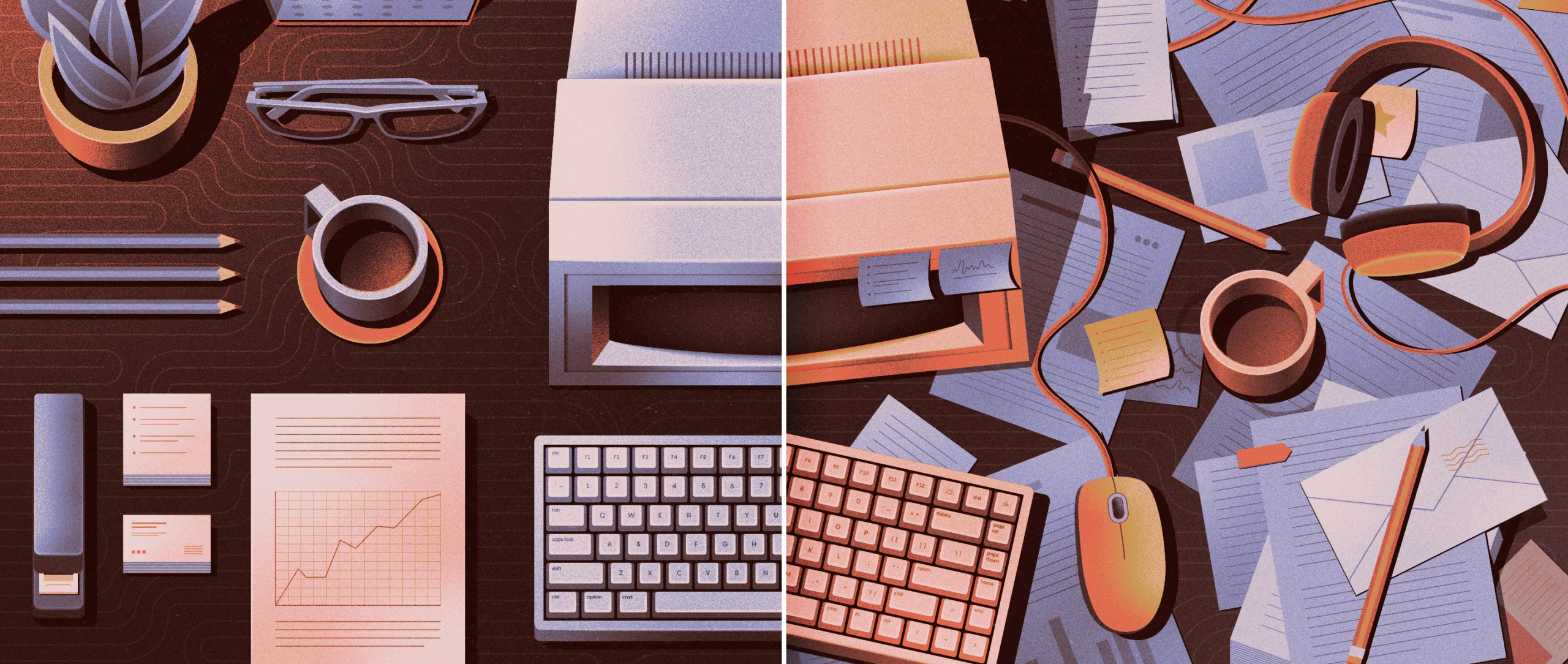 A split screen view of a desk with a computer, keyboard, mouse, and desk accessories like a plant, mug of coffee, paper, calendar, headphones. The left side shows the desk arranged neatly with everything in its own space, the right side shows a messy version with everything piled on top of each other.