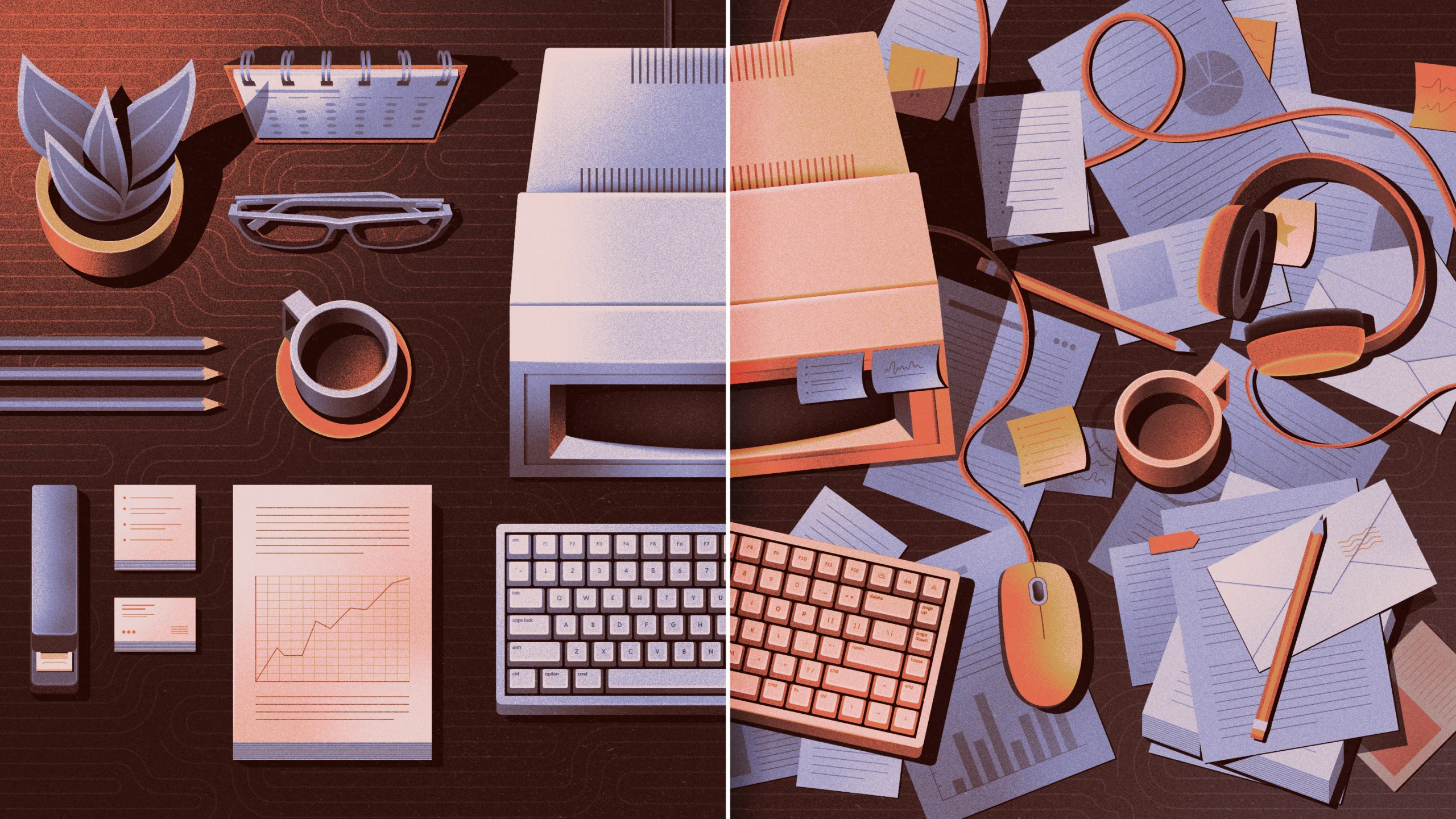 A split screen view of a desk with a computer, keyboard, mouse, and desk accessories like a plant, mug of coffee, paper, calendar, headphones. The left side shows the desk arranged neatly with everything in its own space, the right side shows a messy version with everything piled on top of each other.