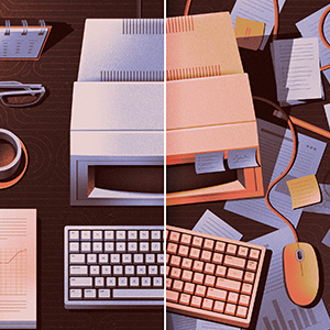 A split screen view of a desk with a computer, keyboard, mouse, and desk accessories like a plant, mug of coffee, paper, calendar, headphones. The left side shows the desk arranged neatly with everything in its own space, the right side shows a messy version with everything piled on top of each other.