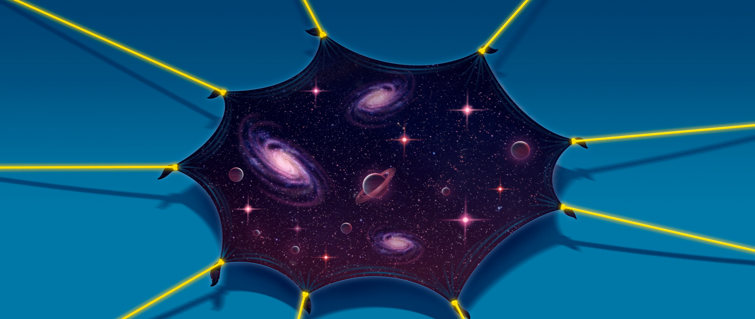 Glowing strings pull at the edges of a black sheet illustrated with stars and galaxies.