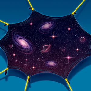 Glowing strings pull at the edges of a black sheet illustrated with stars and galaxies.