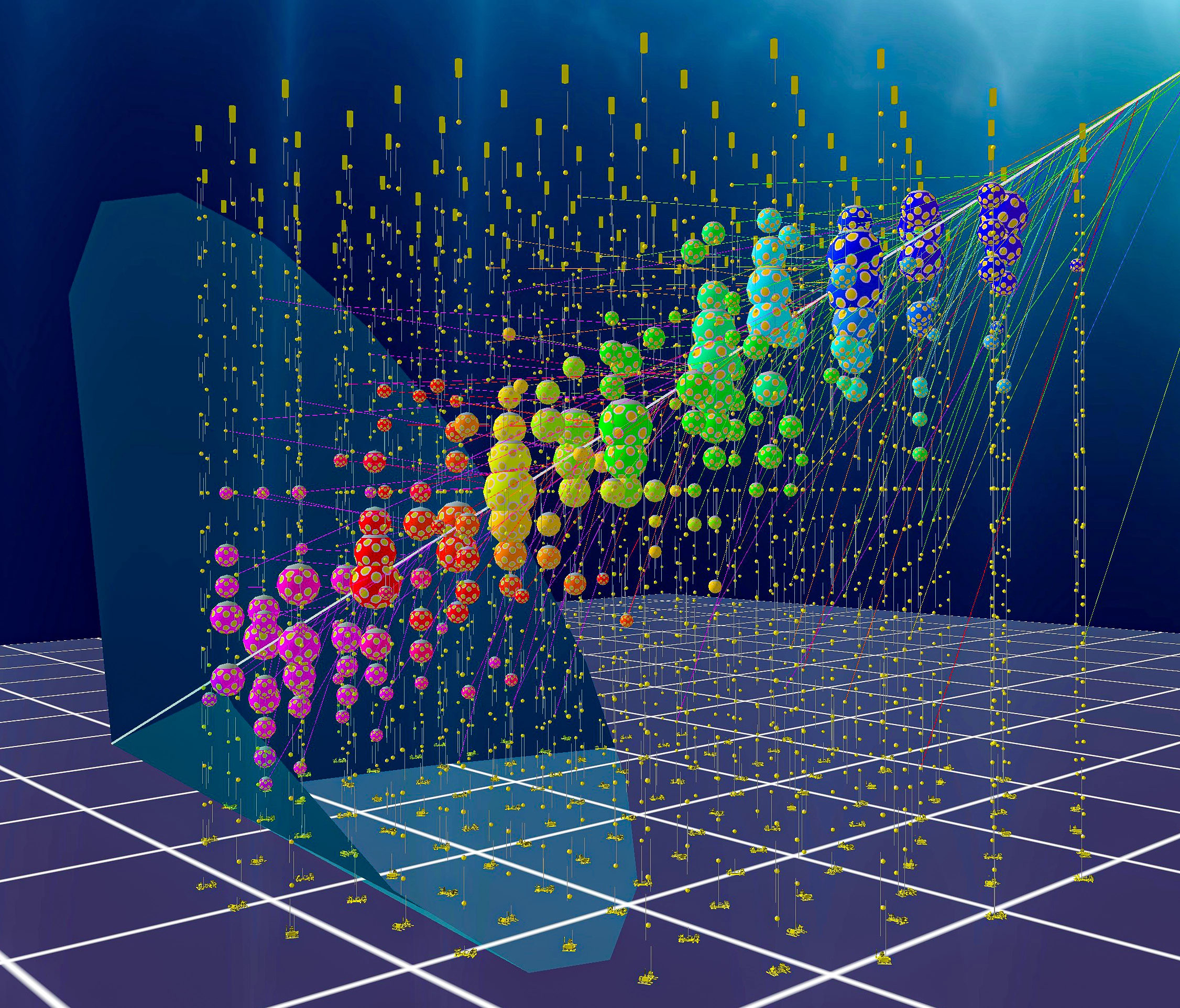 A series of vertical gold lines rise from where they are anchored on a flat, dark blue surface marked with a white grid. Each line is dotted at regular intervals with small circles that represent optical modules. Along a line that enters from above at the top right corner and exits near the bottom left corner of the image, the circles representing the optical modules activated by a passing particle are larger and colored to represent the time at which they are activated.