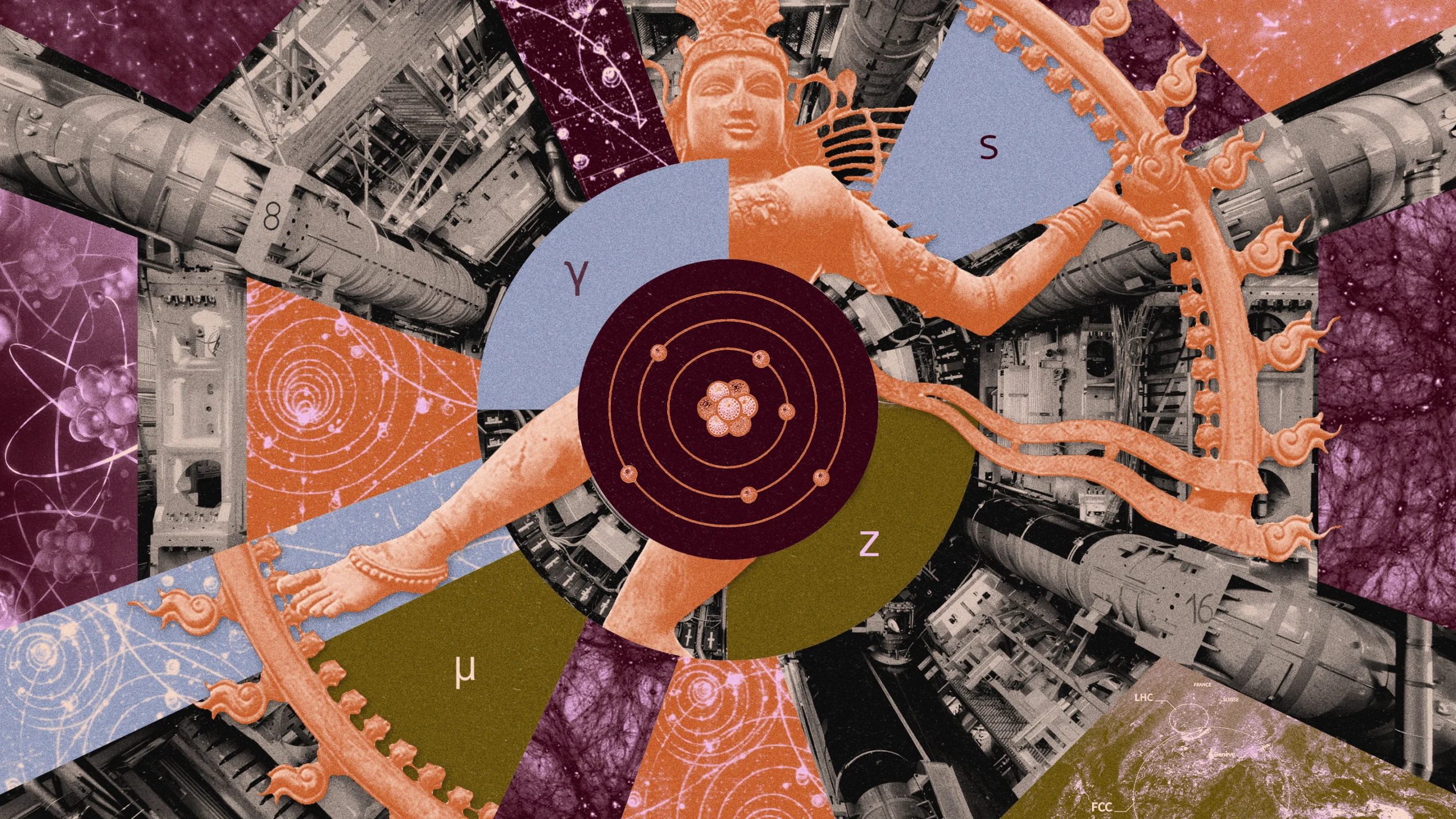A collage depicting the Large Hadron Collider, a Shiva Nataraj sculpture, particle collisions, and the Standard Model of particle physics.