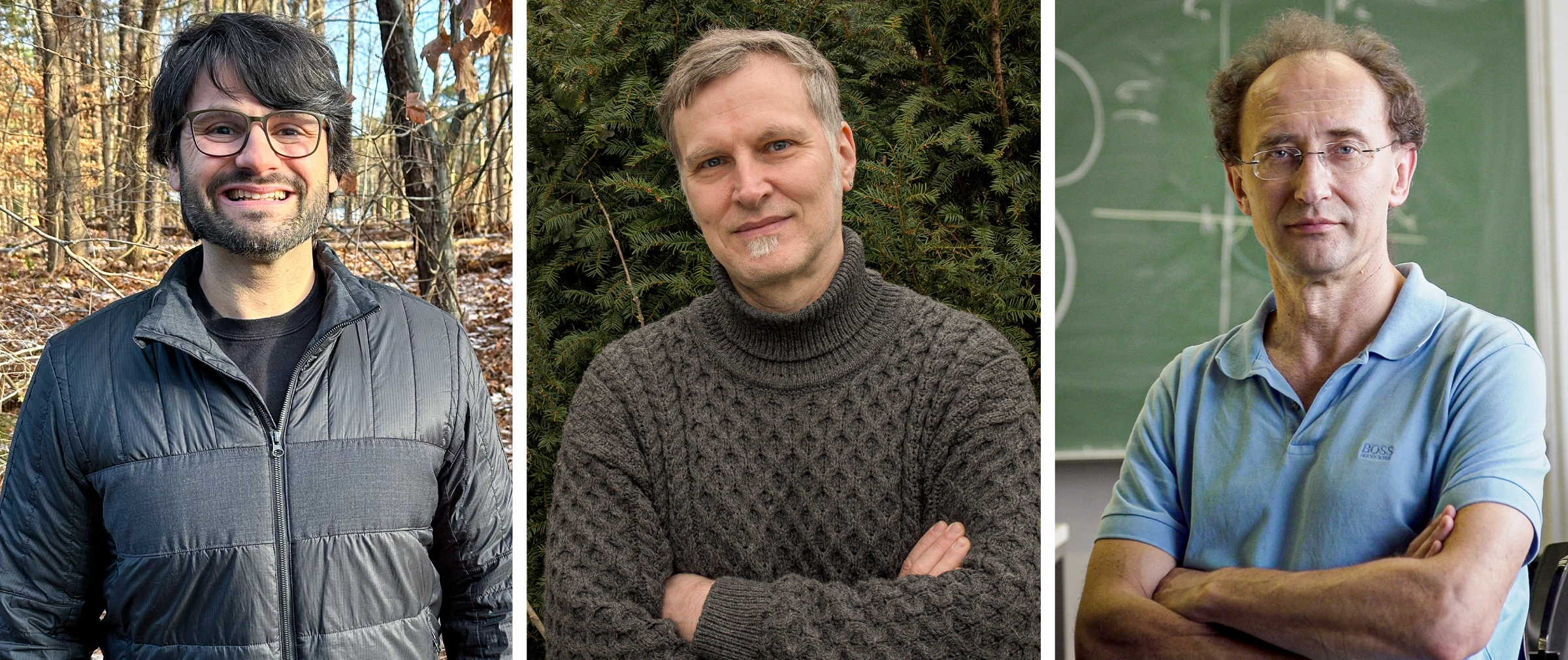 Three side-by-side photographs of a man in a blue shirt, a man in a brown sweater, and a man standing in the woods.