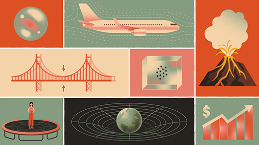 A collage of different objects. A plane in motion, a bridge, a volcano, stocks, a bubble, a cube of diffusing dots, and the Earth