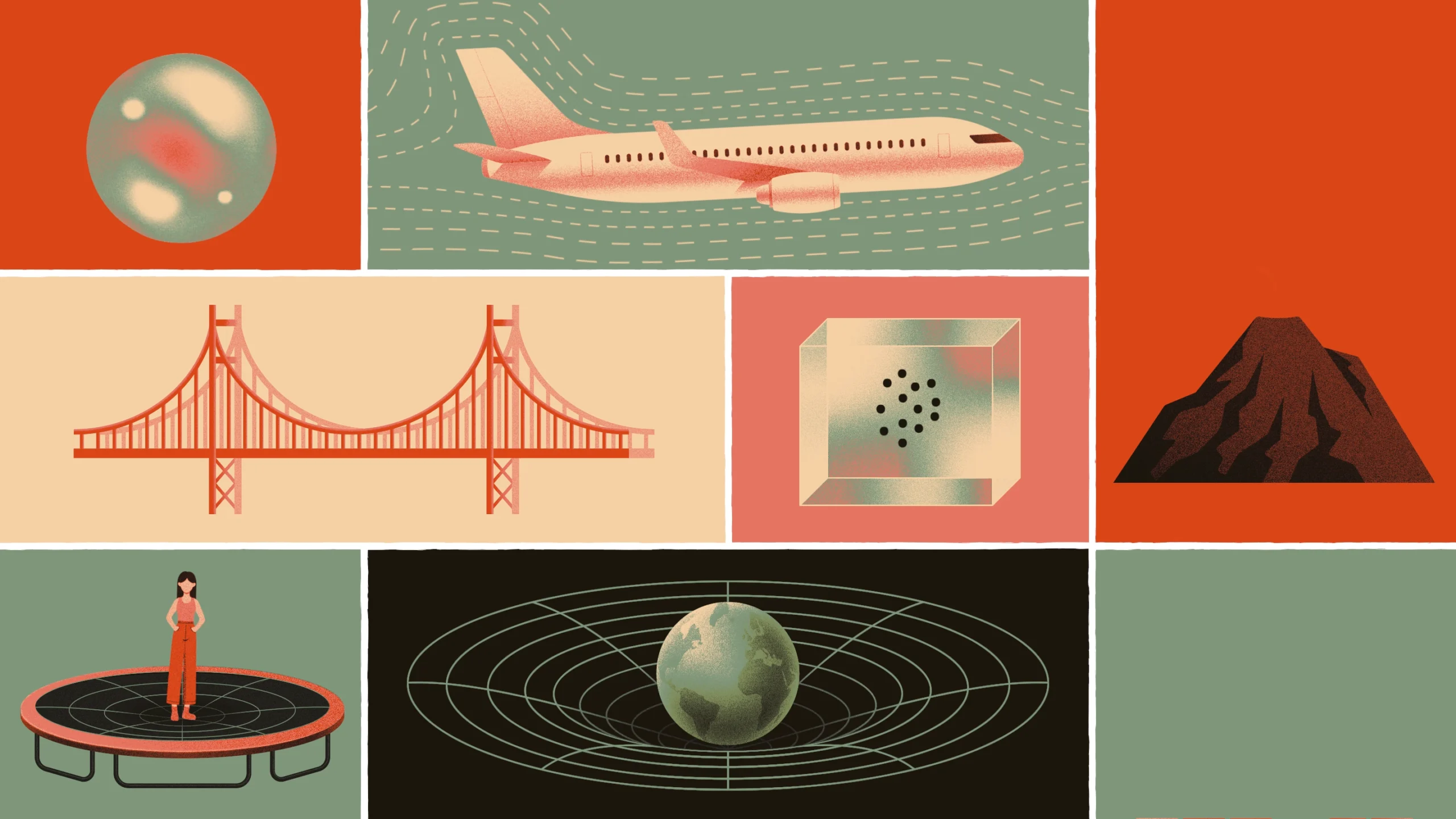 A collage of different objects. A plane in motion, a bridge, a volcano, stocks, a bubble, a cube of diffusing dots, and the Earth