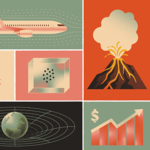 A collage of different objects. A plane in motion, a bridge, a volcano, stocks, a bubble, a cube of diffusing dots, and the Earth