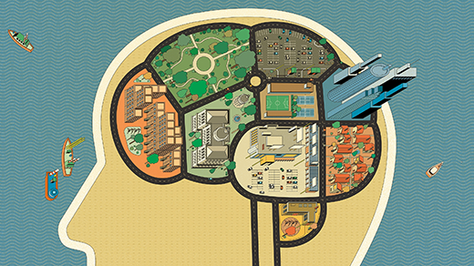 An illustration shows a brain subdivided into neighborhoods, each composed of a set of building types.