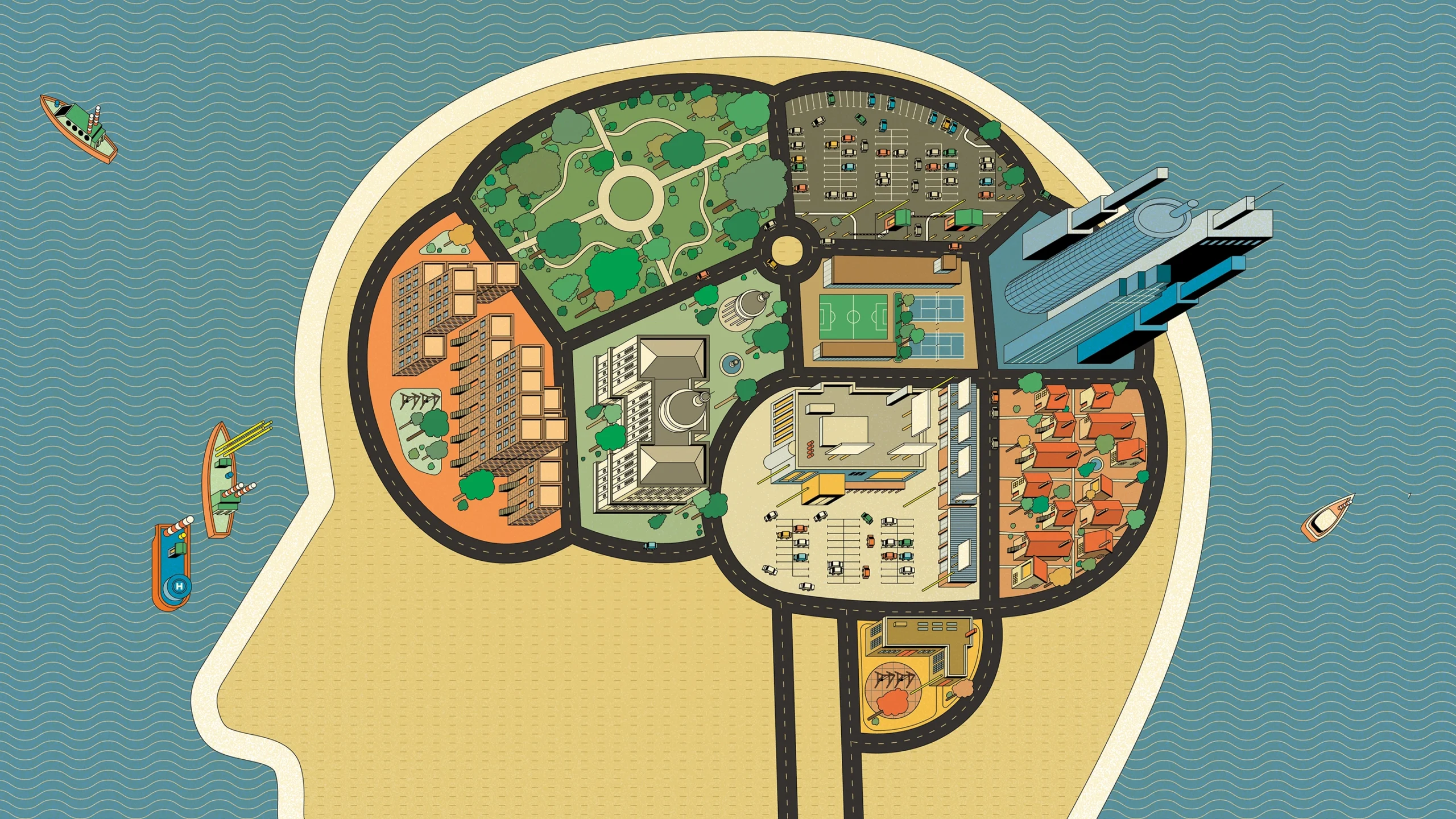 An illustration shows a brain subdivided into neighborhoods, each composed of a set of building types.