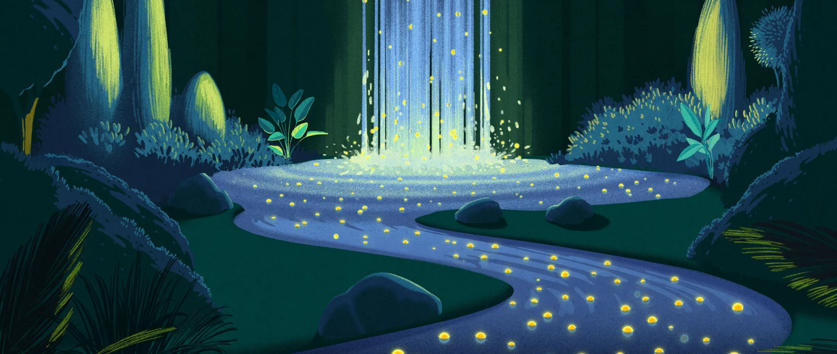 Golden spheres float in a waterfall.