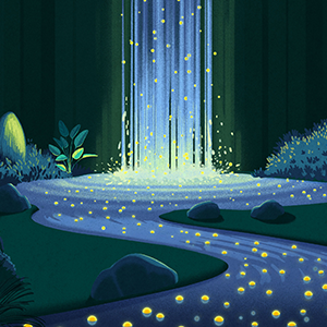 Golden spheres float in a waterfall.