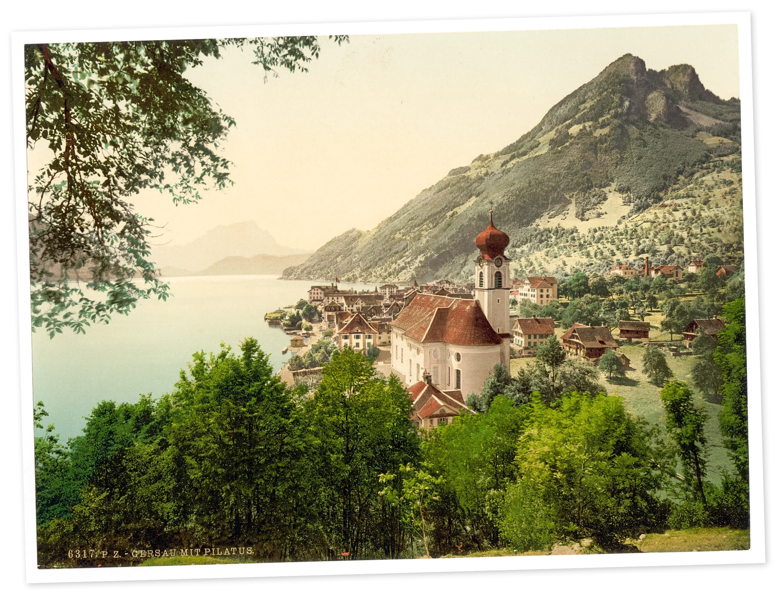 Painting of a town on a lakeshore.