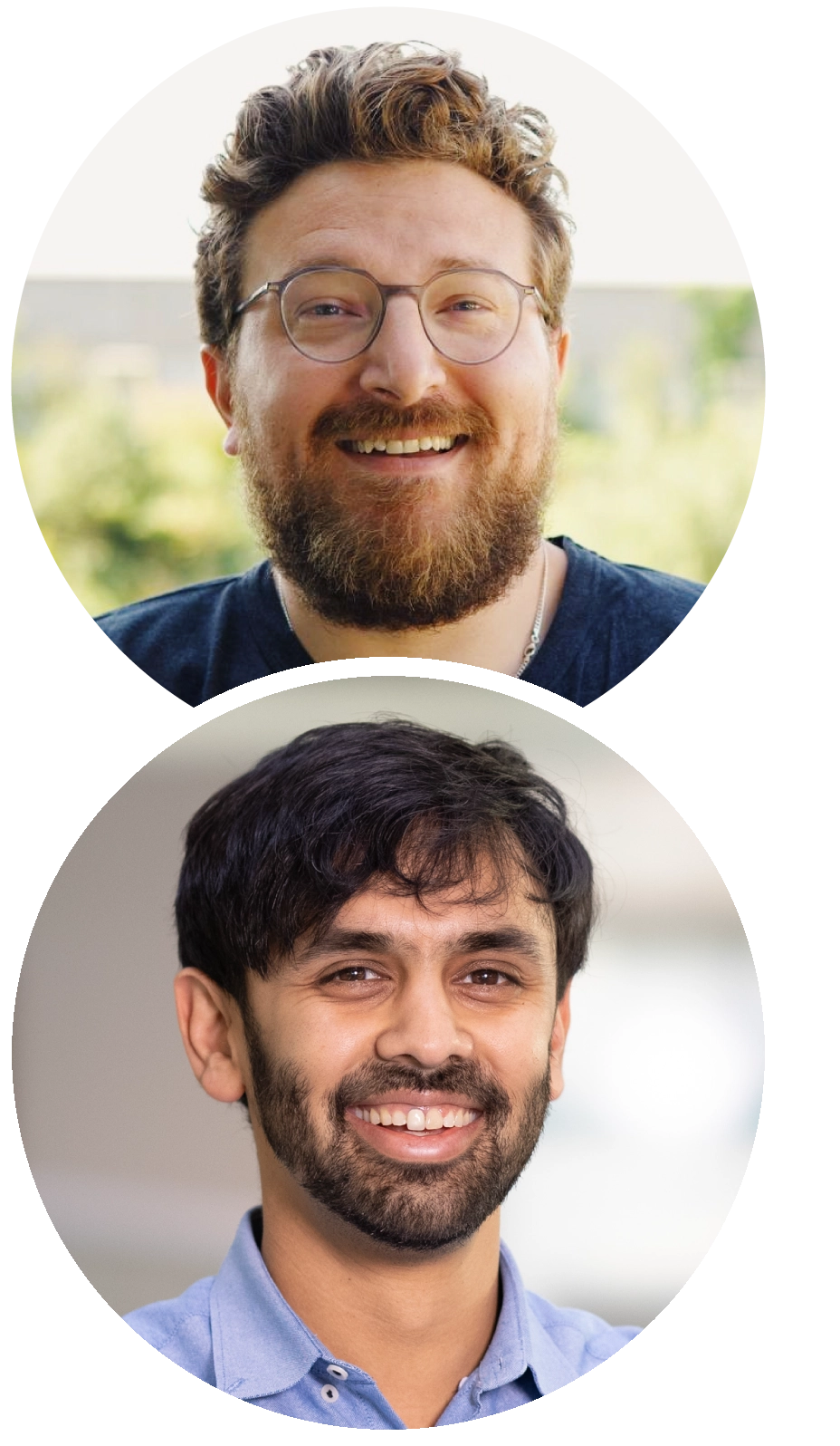 Top: Portrait of smiling man Gautam Dey wearing a light blue shirt, he has black hair with a side parting and a black beard. Bottom: Portrait of smiling man Omaya Dudin with glasses, short auburn hair, and darker auburn beard.