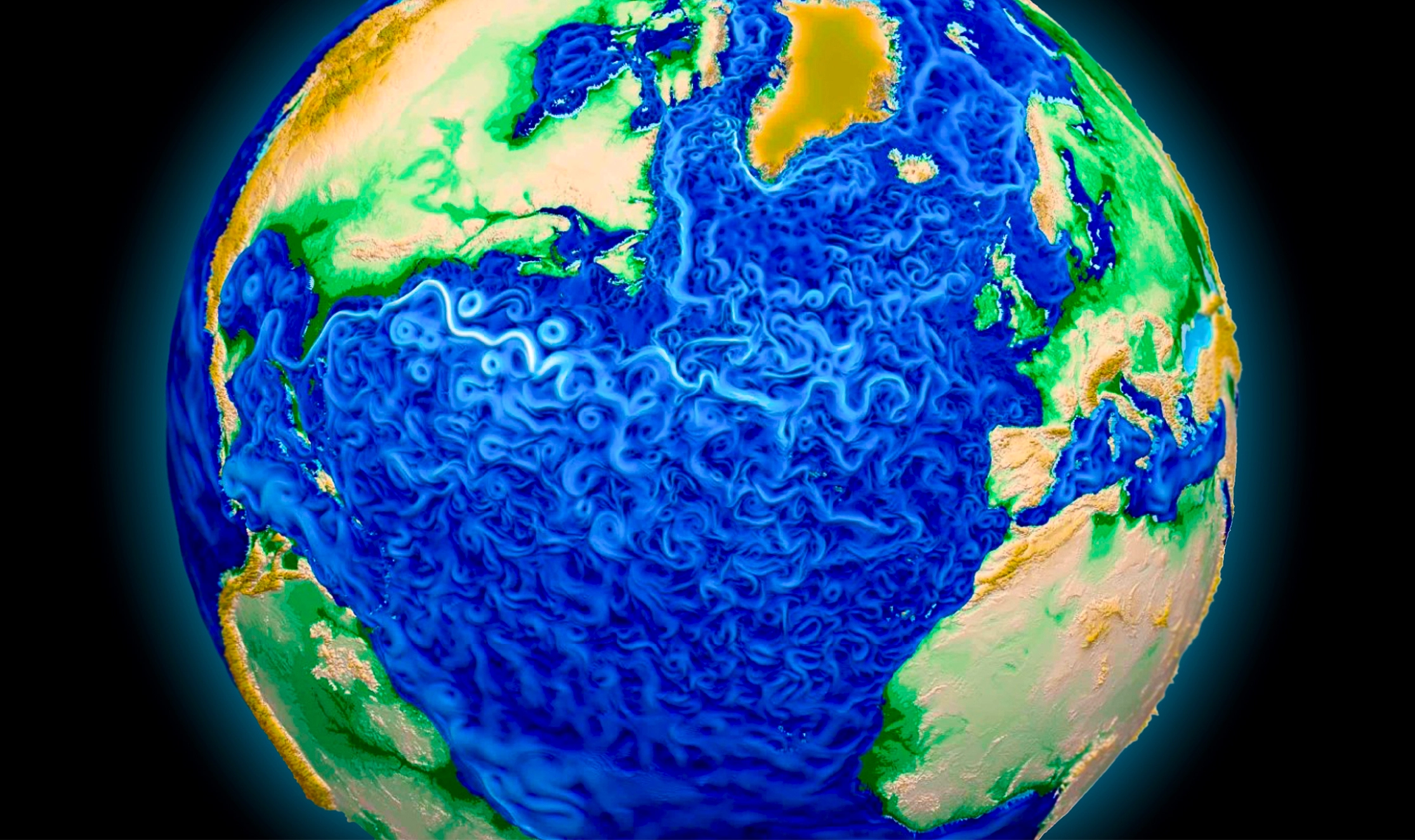 Blue and white currents swirl on a digital globe.