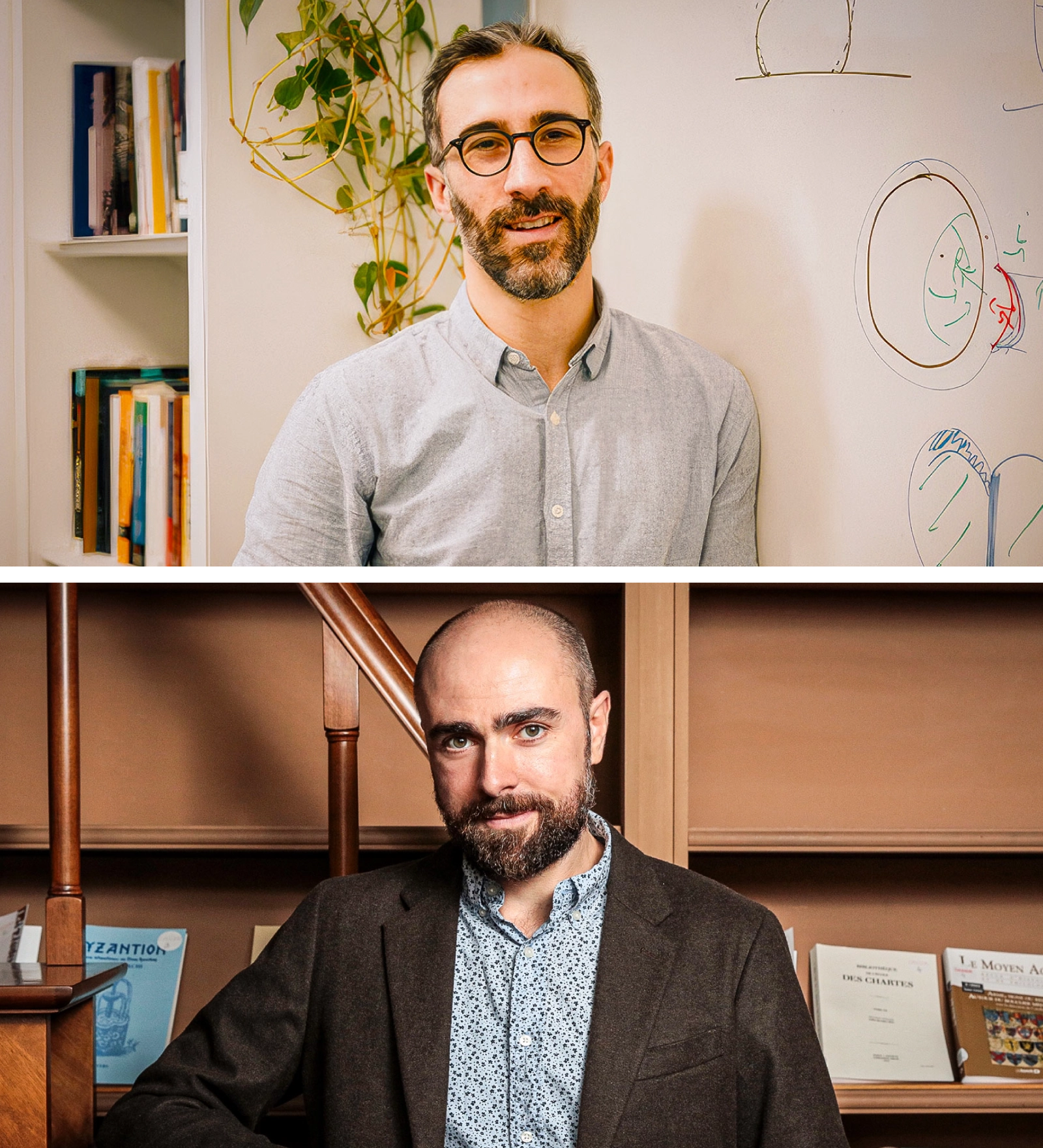 Top: Jean-Léon Maître sits on a staircase. Bottom: Hervé Turlier leans on a whiteboard decorated with drawings of cells.