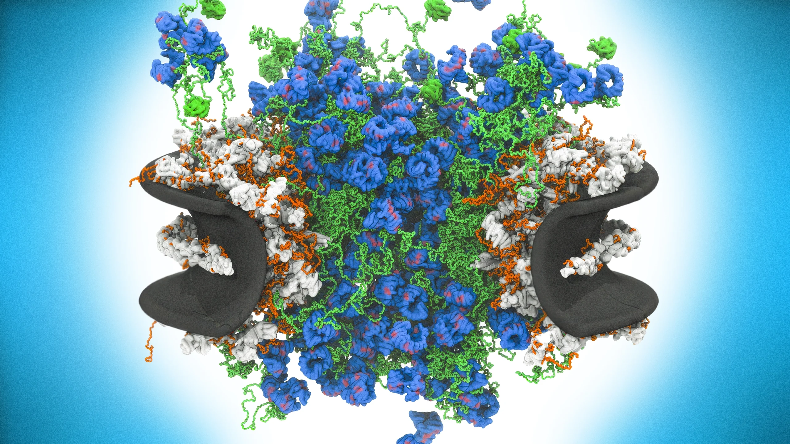 Tangles of green and blue strands, representing different types of proteins, spill out over the edges of a circular channel.