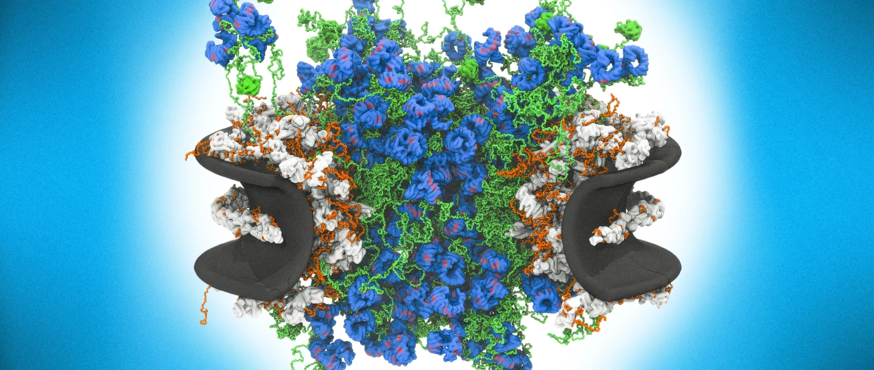 Tangles of green and blue strands, representing different types of proteins, spill out over the edges of a circular channel.