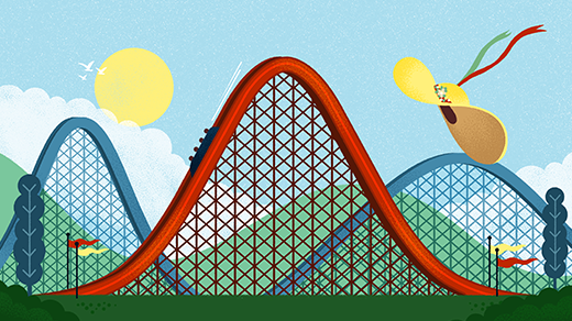 An illustration of roller coaster tracks in the shape of bell curves.