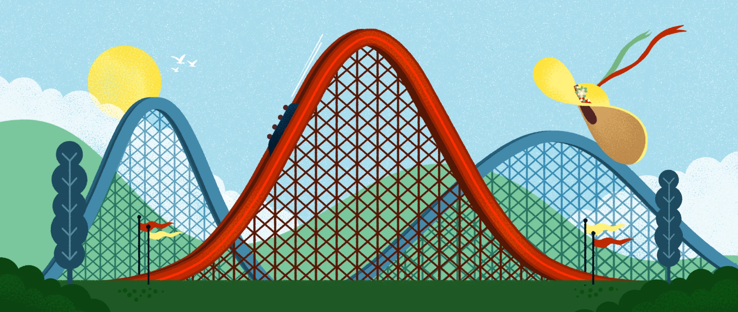 An illustration of roller coaster tracks in the shape of bell curves.