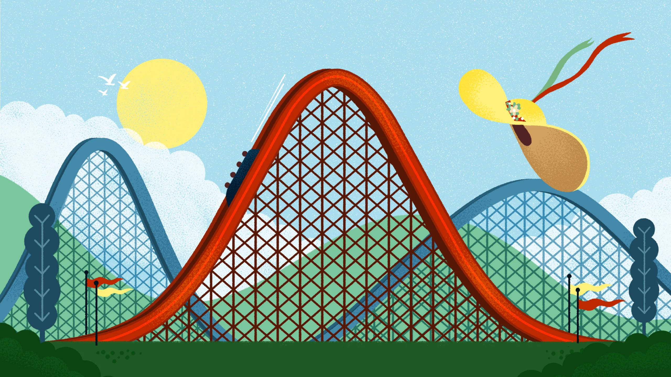 An illustration of roller coaster tracks in the shape of bell curves.