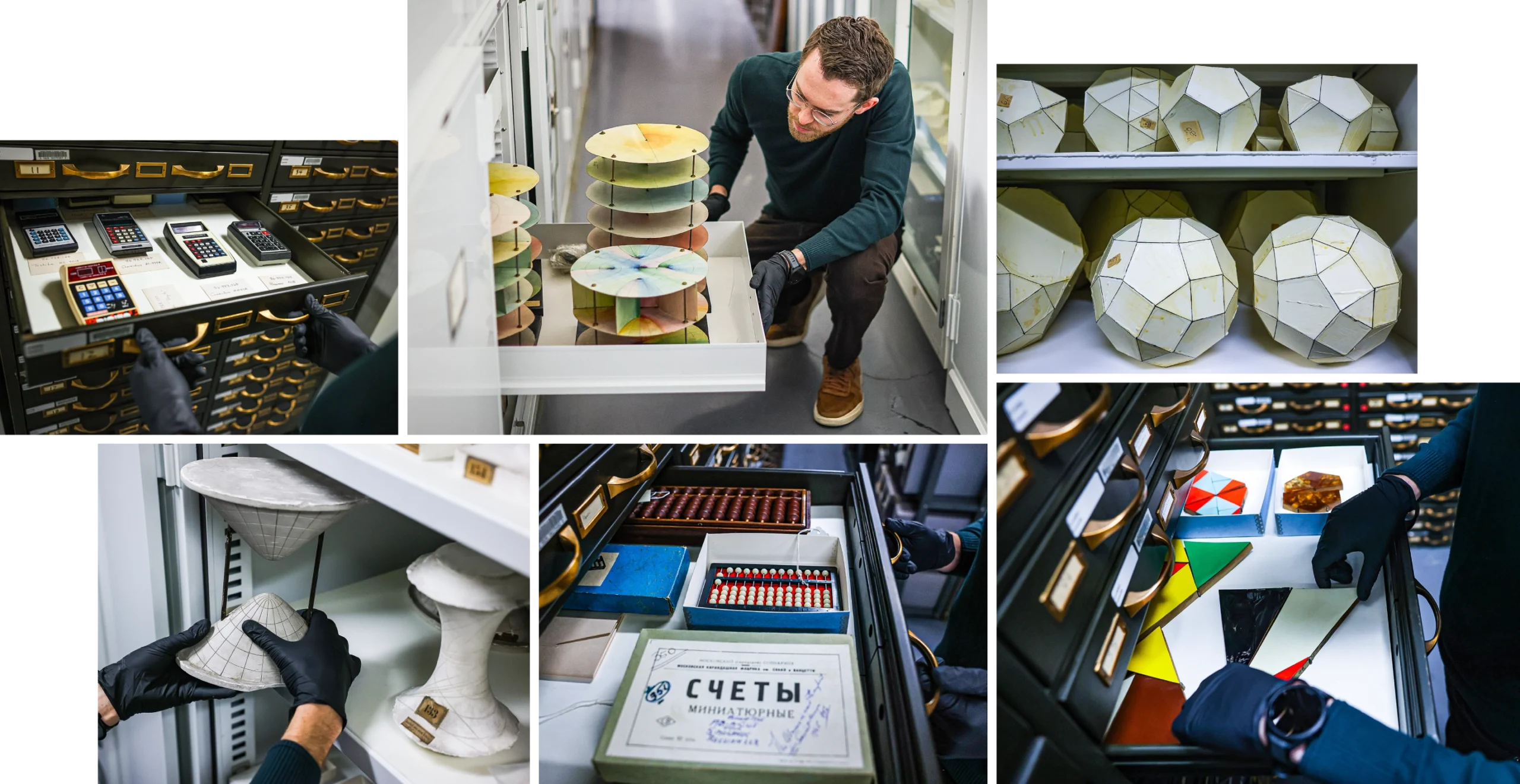 Six photos of plaster surfaces, old calculators, and other mathematical objects.