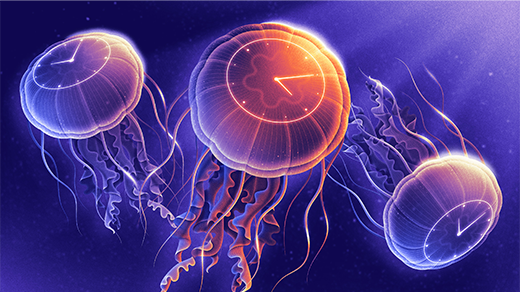 An illustration of jellyfish with clock faces on their bell.