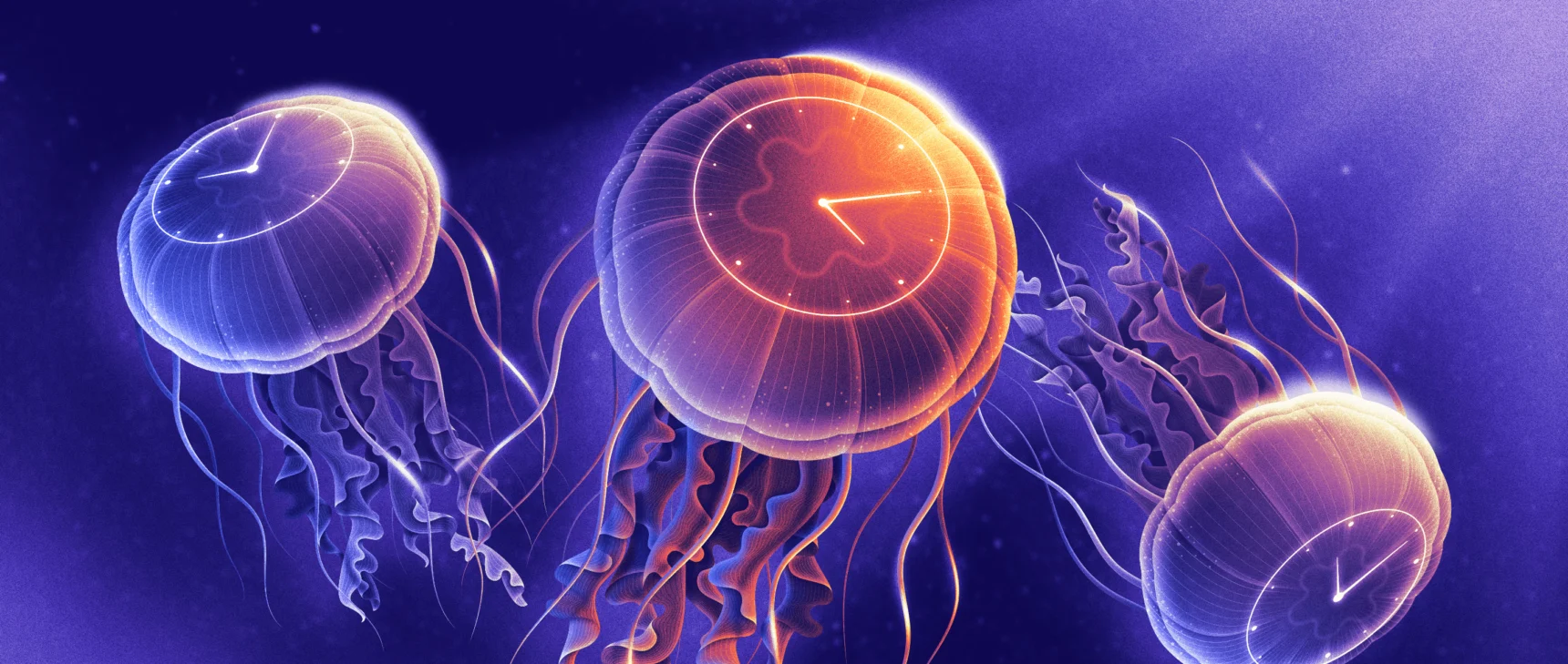 An illustration of jellyfish with clock faces on their bell.