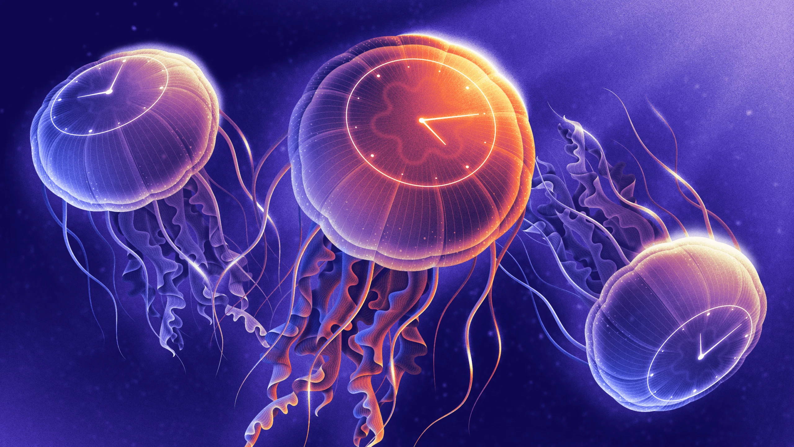 An illustration of jellyfish with clock faces on their bell.