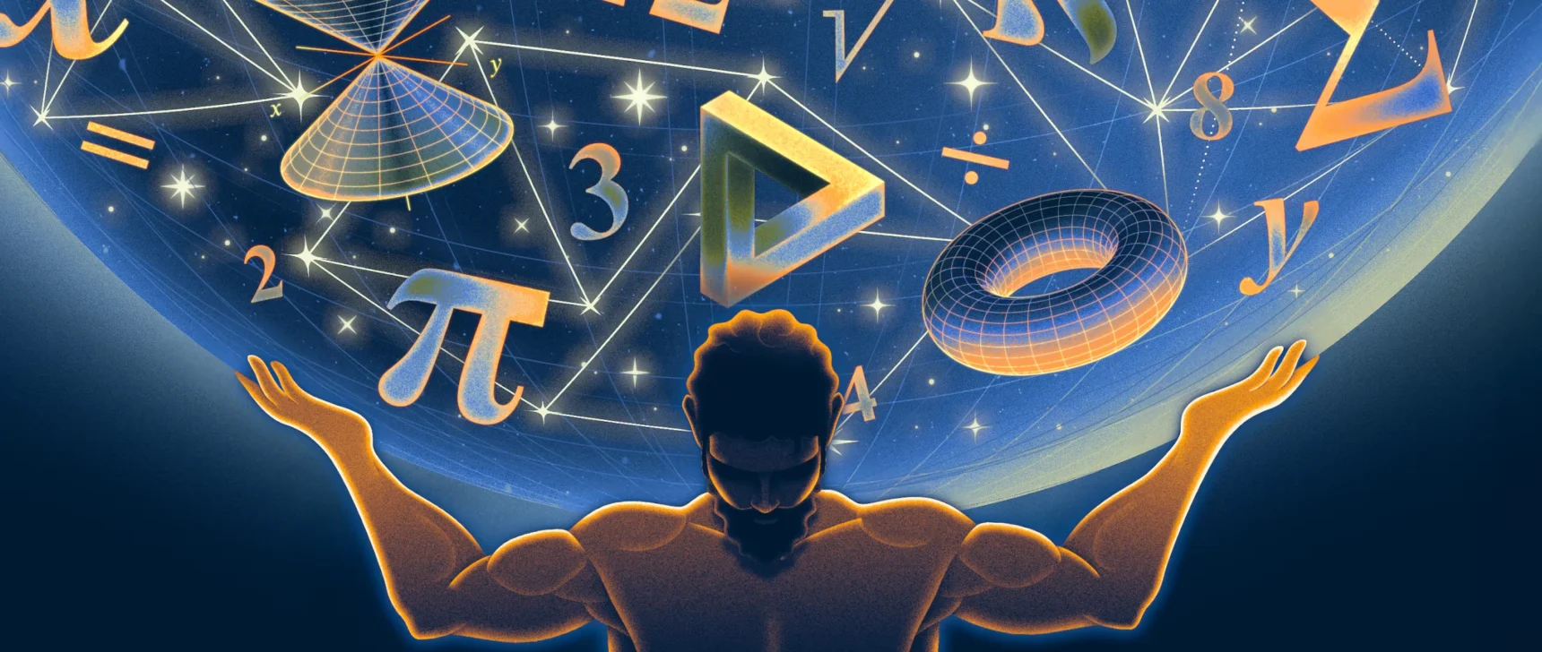 Atlas holding a world filled with math symbols