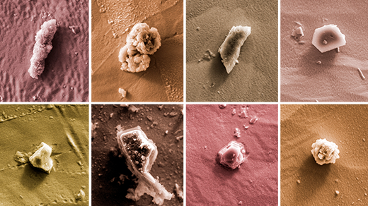 A mosaic of photos of tiny crystals as seen through a microscope.