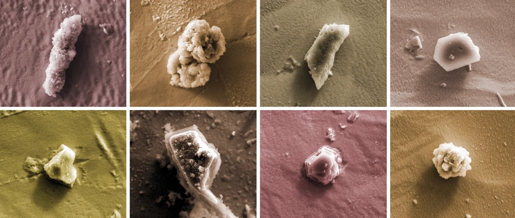 A mosaic of photos of tiny crystals as seen through a microscope.