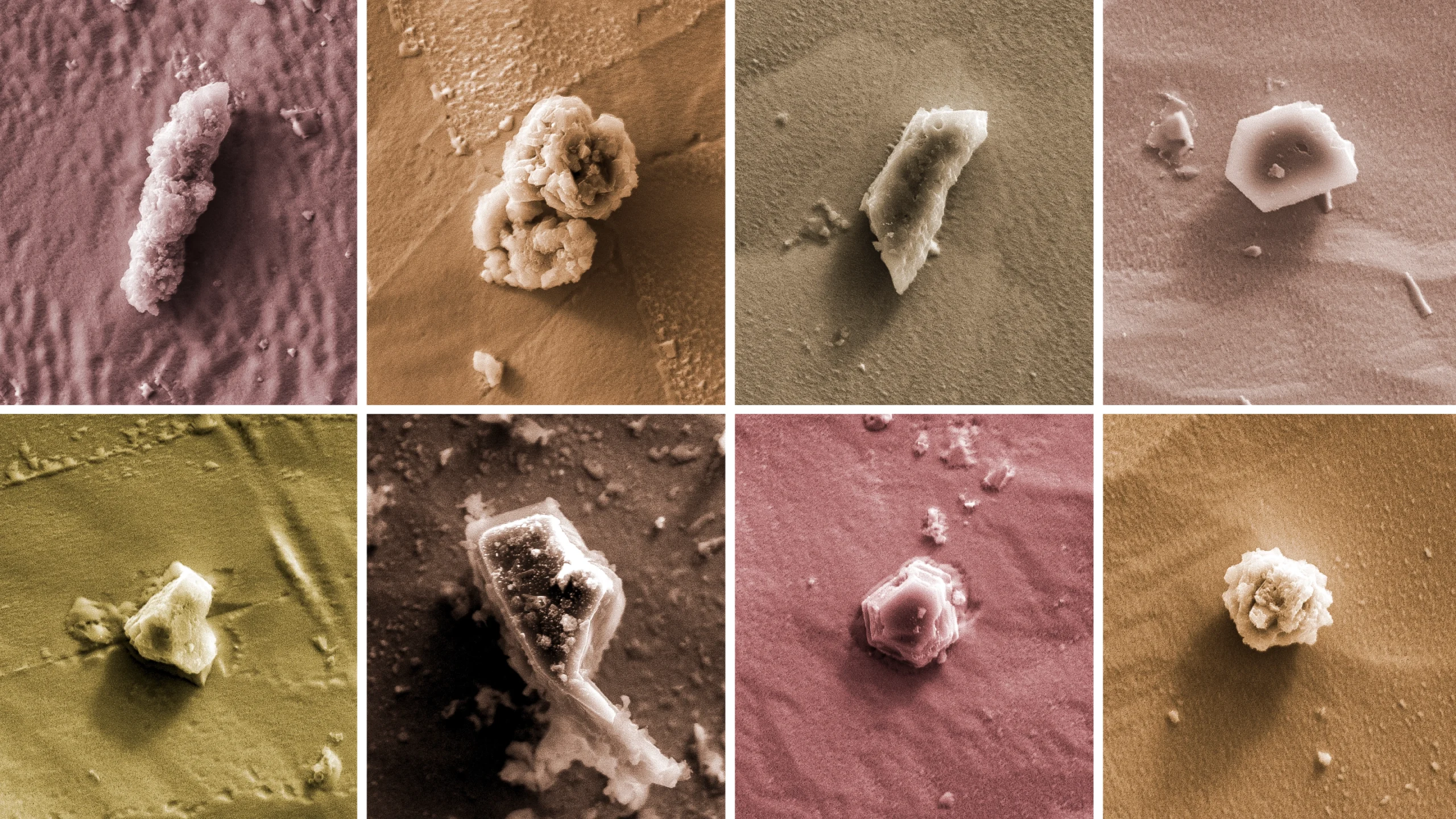 A mosaic of photos of tiny crystals as seen through a microscope.