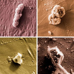 A mosaic of photos of tiny crystals as seen through a microscope.